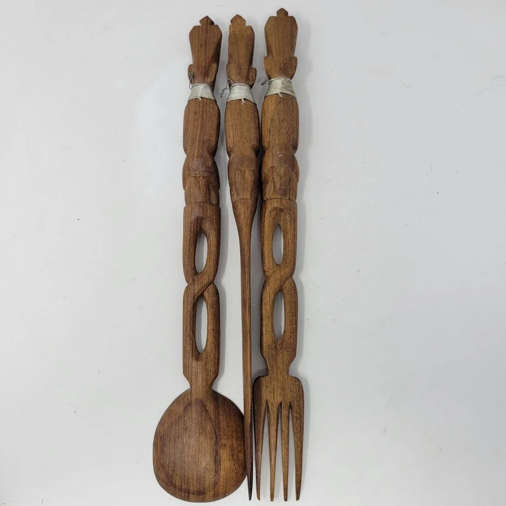 Hand‎ Carved Wood Tribal Figural Spoon Fork Server Set Rustic Decor 15